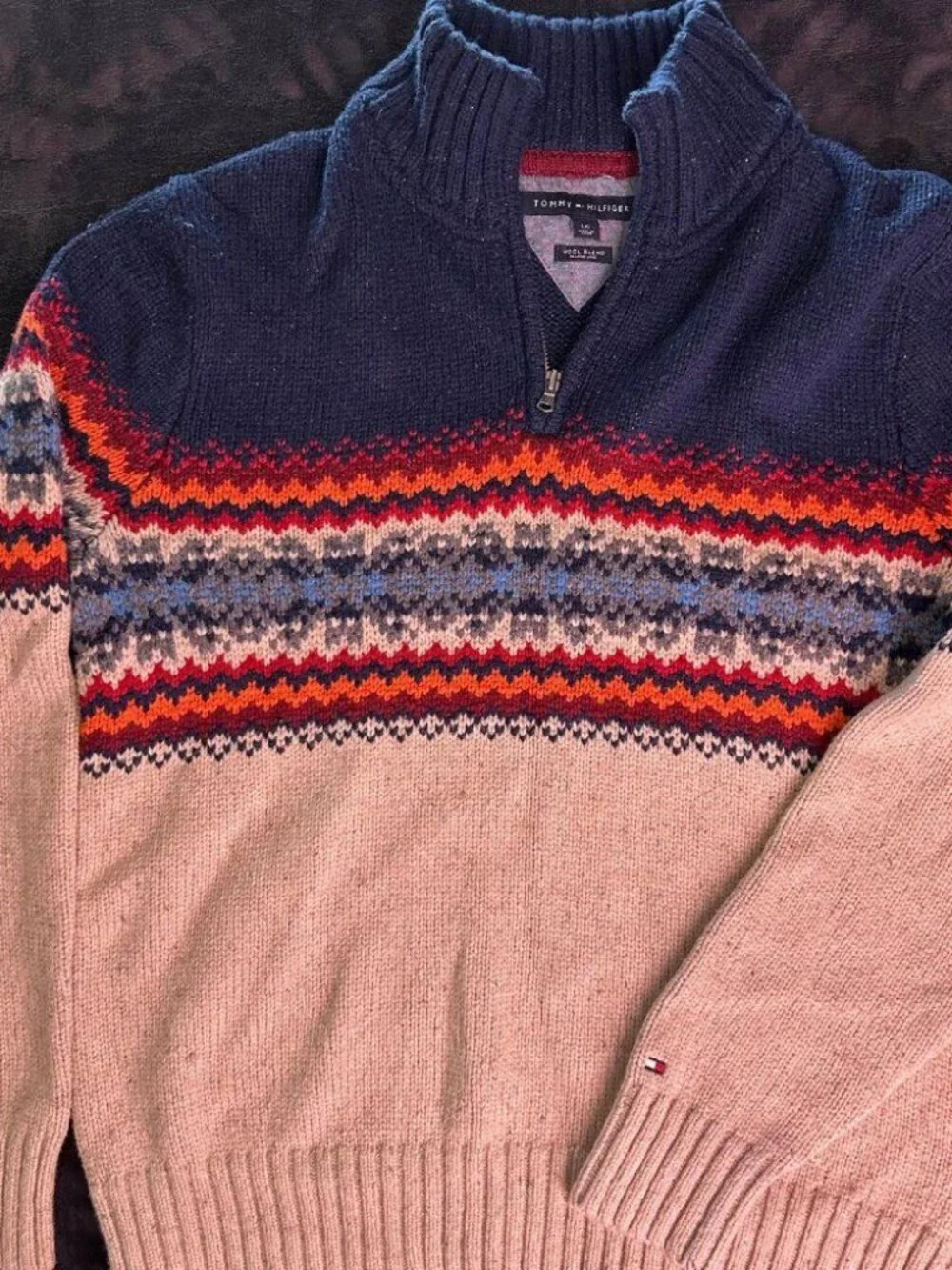 Tommy Hilfiger Wool Blend 1/4 Zip Sweater L Fair Isle Navy Beige Pattern